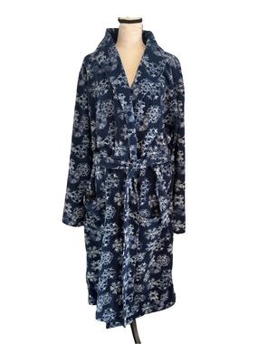Lands' End Men’s Fleece Robe Large Blue Snowflake Shawl Collar Belted Housecoat